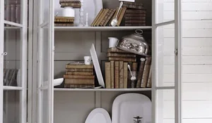 Alacena con libros y piezas de menaje