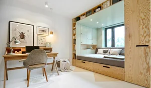 Habitación juvenil modular en 14 m2 con zona de estudio