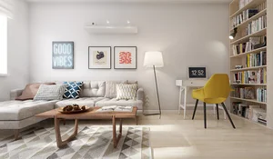 Salón con sofá en L de un piso de 60 metros cuadrados