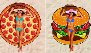 Toallas de playa con formas de pizza y hamburguesa