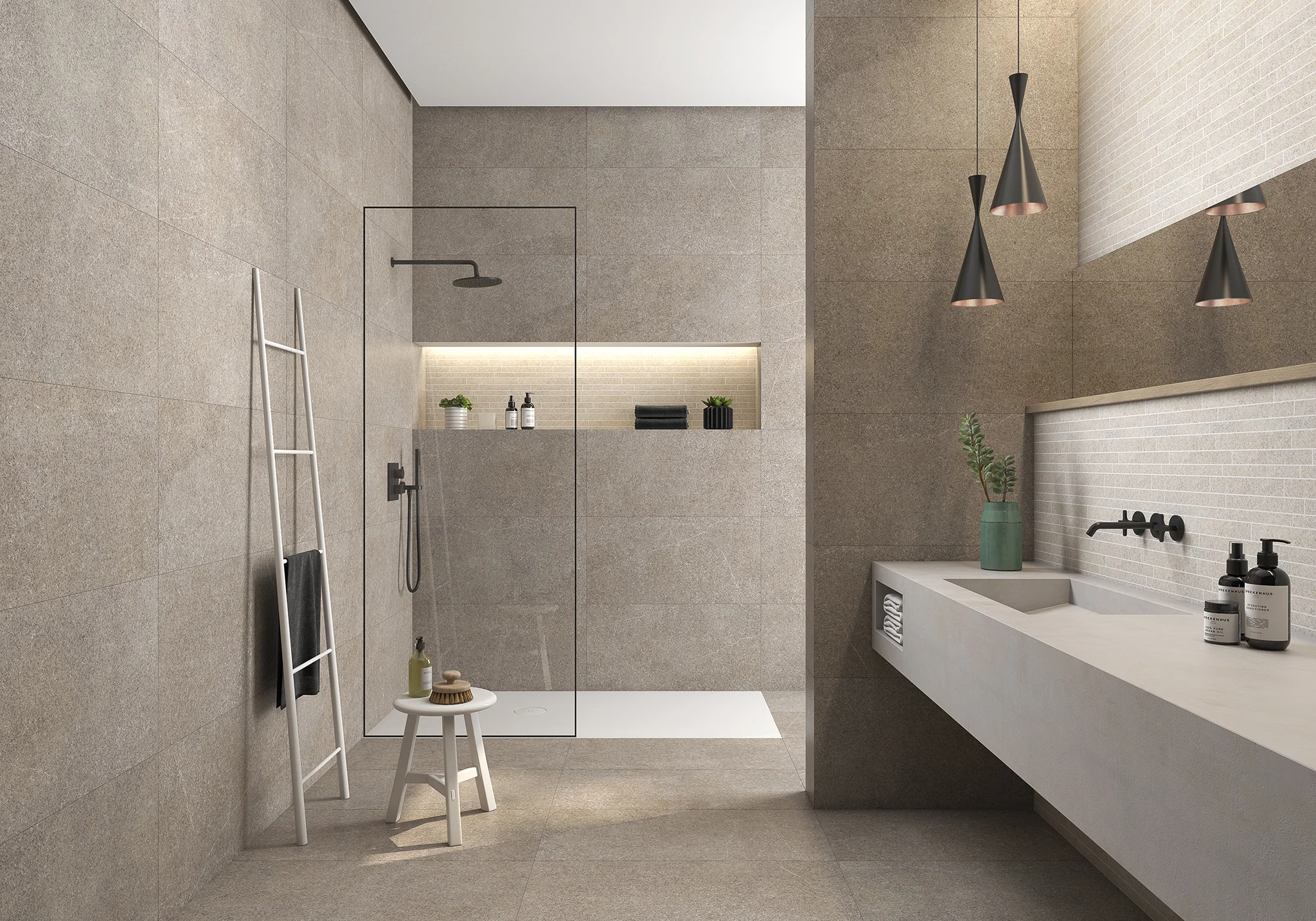 Baño moderno con revestimientos en tono beis